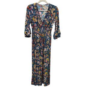 Boho Floral Paisley Maxi Dress Smocked Waist Bell Sleeve Blue M Cottagecore